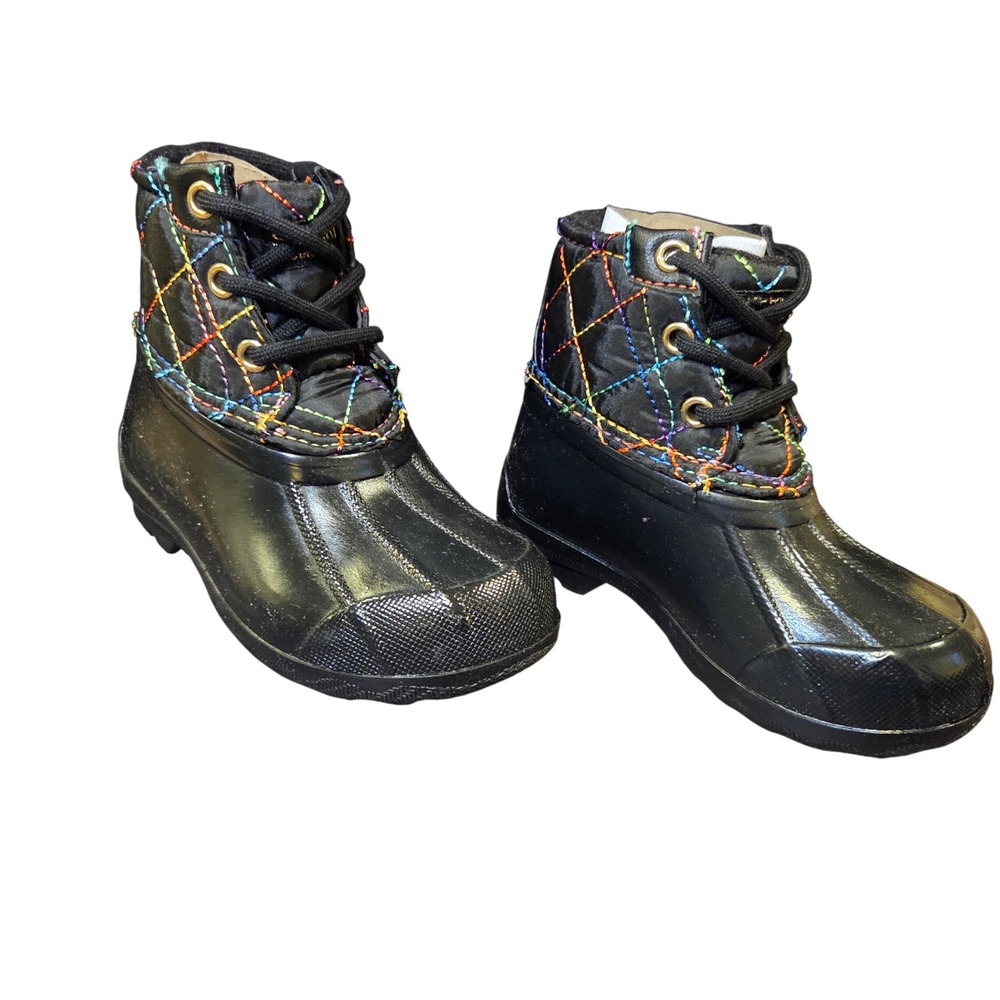Sperry Saltwater Duck Boots Girls 6M Black‎ Rainbow Quilted Stitching Gorpcore